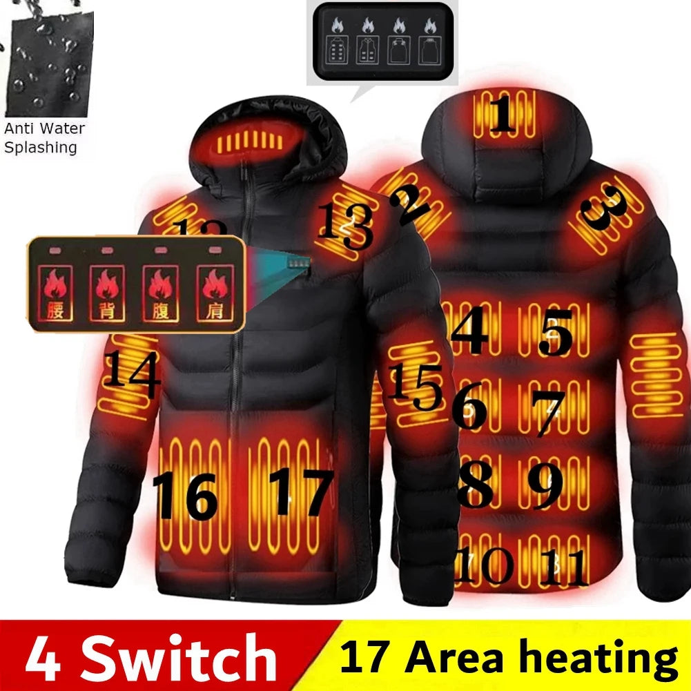 Heated jacket with heating elements labeled and four switch controls on a white background.