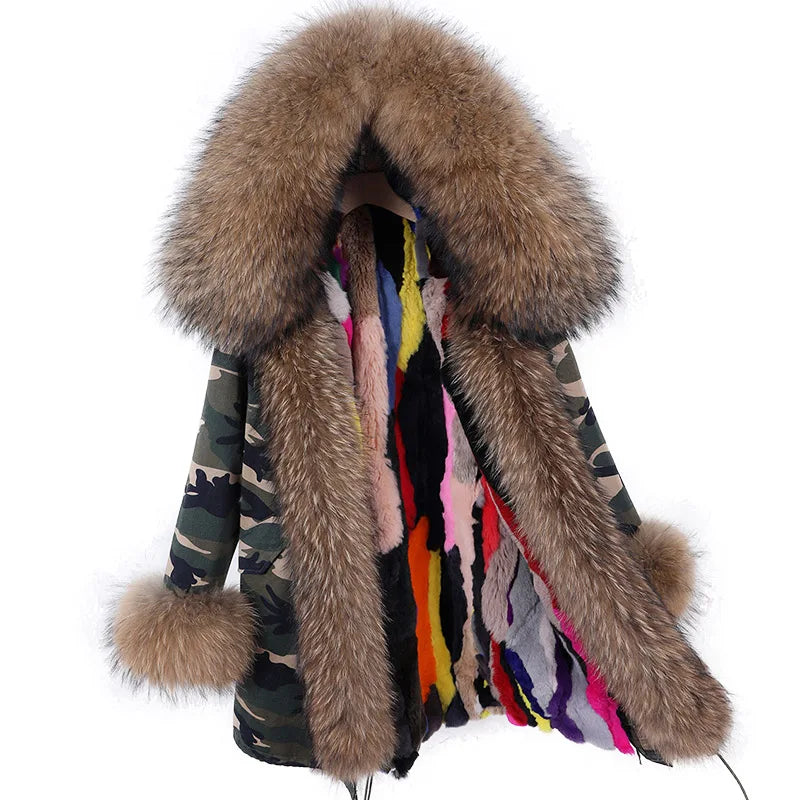 Real Raccoon Fox Fur Collar Parka Women's Coat | Vexaroa