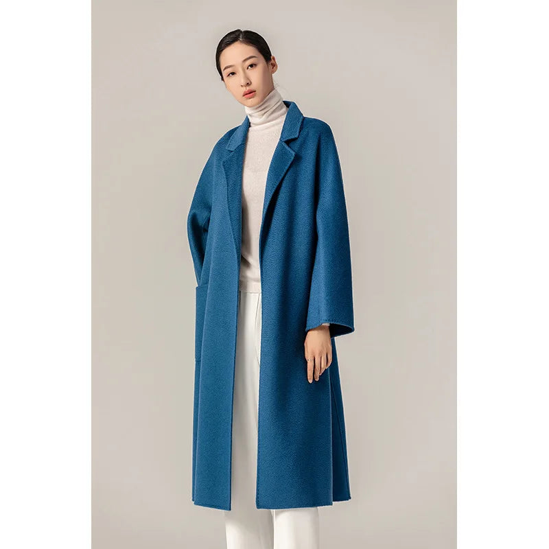 Women's Long Water Ripple Double-Faced Wool Wrap Coat at Vexaroa