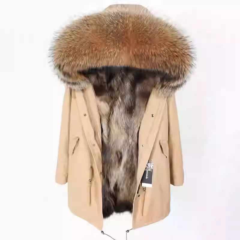Vexaroa Women's Real Natural Fur Coat Long Hooded Parka with Fur Liner Winter Jacket