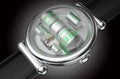 Close-up of a futuristic wristwatch with digital display on a dark background