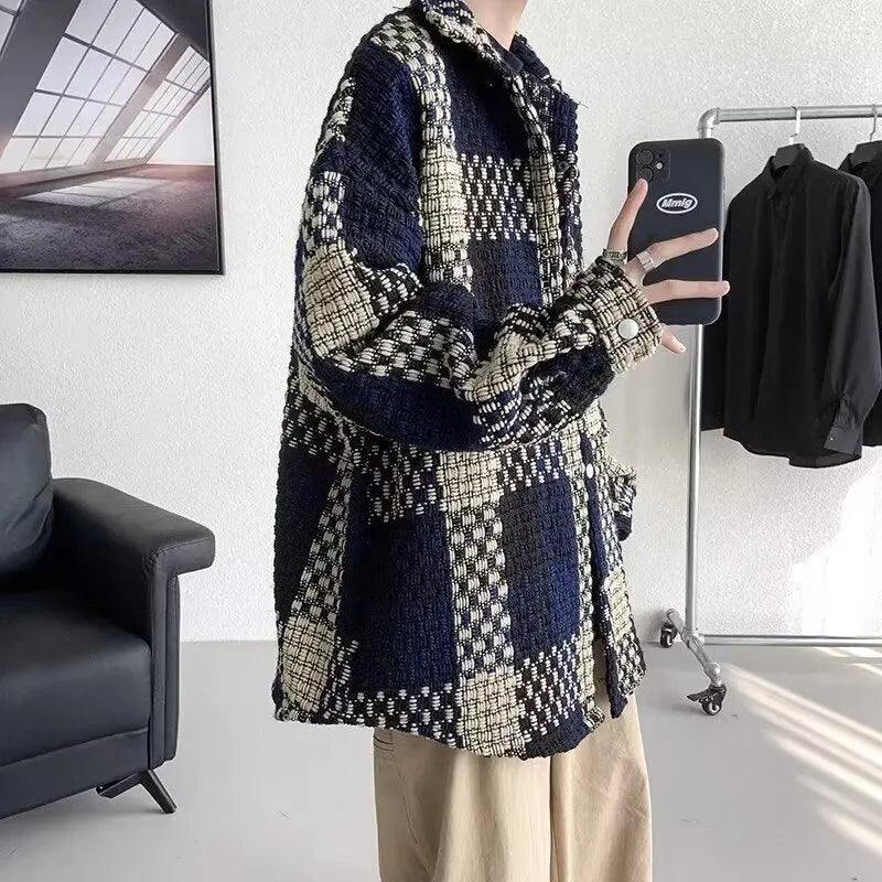 Vexaroa Men's Korean Plaid Shirt Jacket