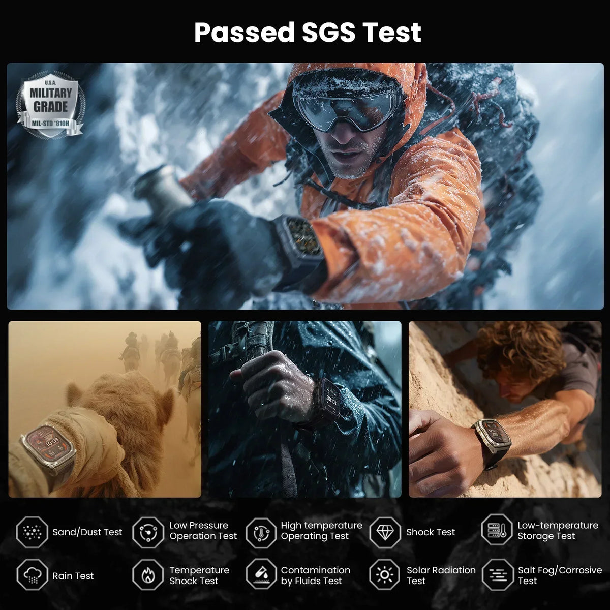 Person in orange jacket and goggles in snowy conditions with SGS test label, surrounded by other images of harsh environments.