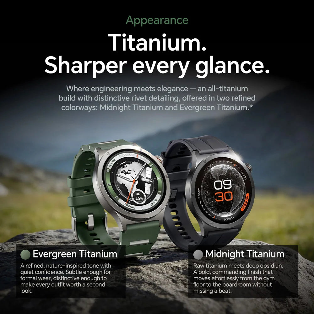 Two titanium watches on a rock with scenic background