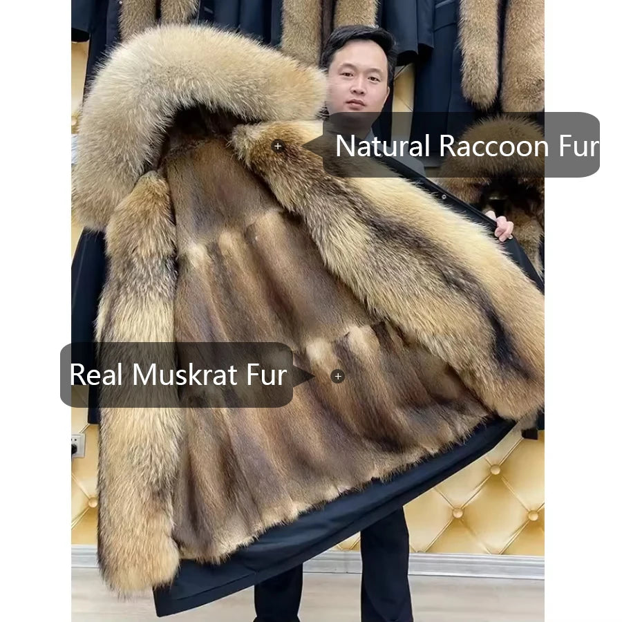 A person holds up a large fur coat in a shop setting. The coat features a natural brown and beige raccoon fur body with a thick beige fur collar and cuffs, and a black underlayer.
