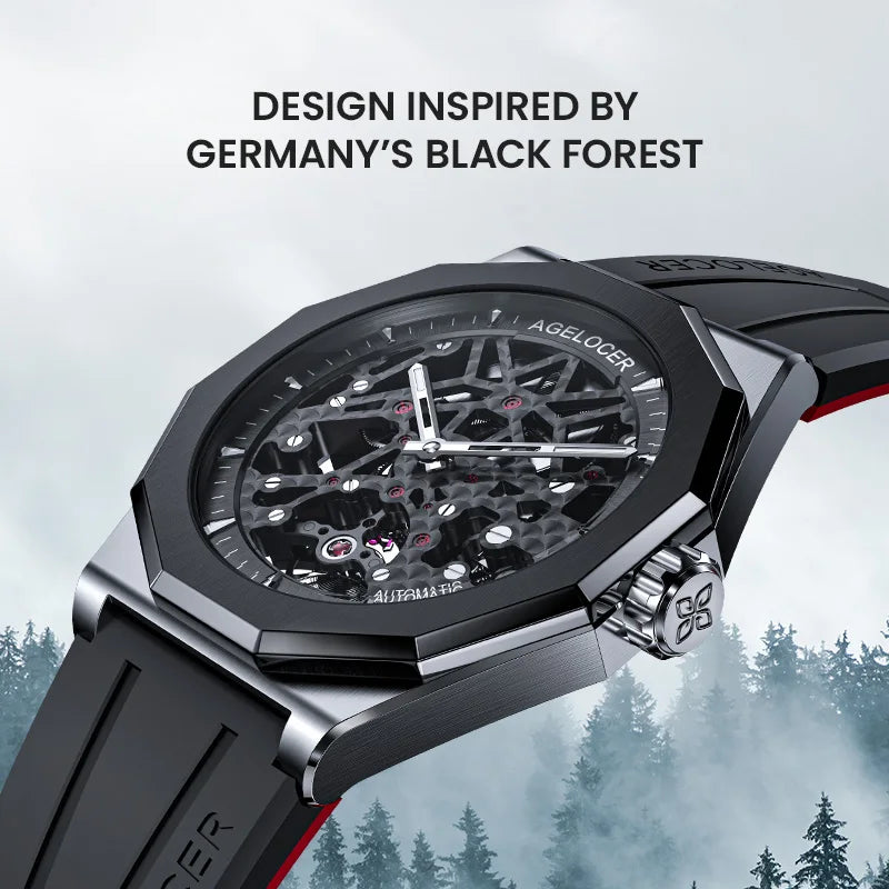 Watch with black strap and detailed face, set against a misty forest background.