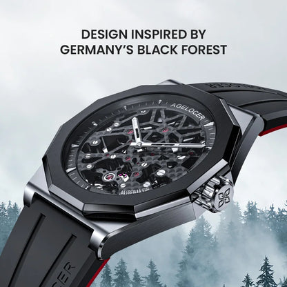 Watch with black strap and detailed face, set against a misty forest background.