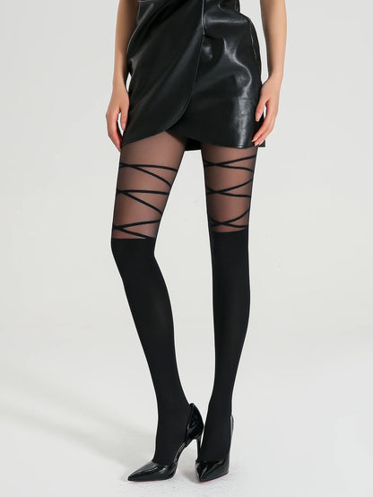 A pair of women's stylish striped pantyhose with thigh-strap high elastic translucent tights