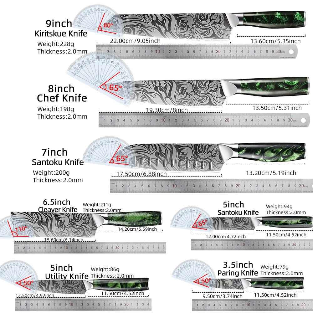 Kitchen Knife Set Stainless Steel Ultra Sharp Paring Boning Santoku Cleaver Bread Chef Knife with Green Resin Handle