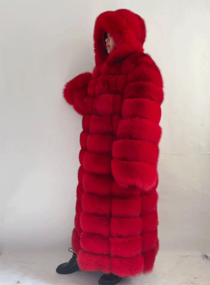 Women's Real Fox Fur Hooded Overcoat | Thick Natural Fur Winter Coat | Vexaroa