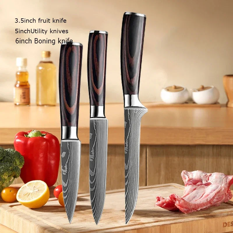 Damascus Chef's Knife Kitchen Knives Set Professional Boning Knife Meat Cleaver Utility Knife Japanese Santoku Knife with Cover