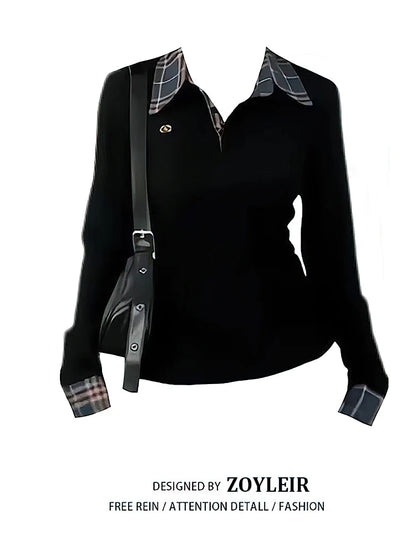 Vexaroa Preppy Plaid Layered Polo Top Fake Two-Piece Blouse