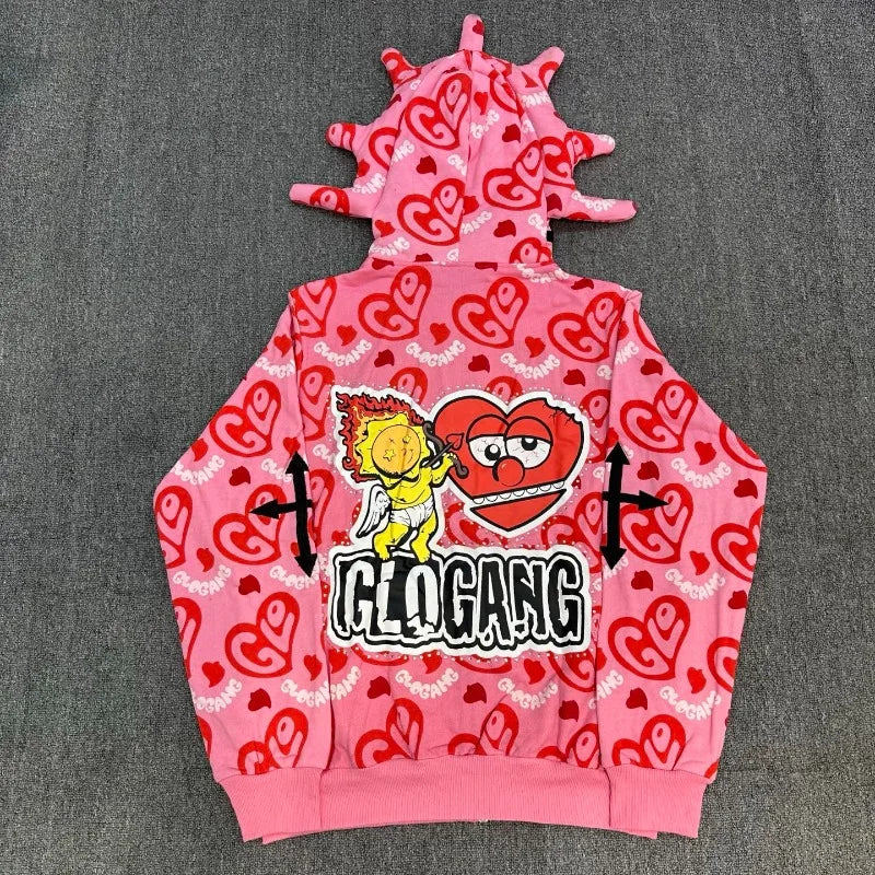 Glo Gang Zip Hoodie Unisex Rhinestone Embellished Cartoon Print Pink Streetwear Cozy Hooded Sweatshirt