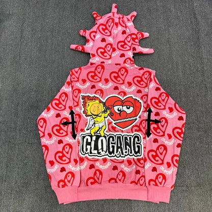 Glo Gang Zip Hoodie Unisex Rhinestone Embellished Cartoon Print Pink Streetwear Cozy Hooded Sweatshirt