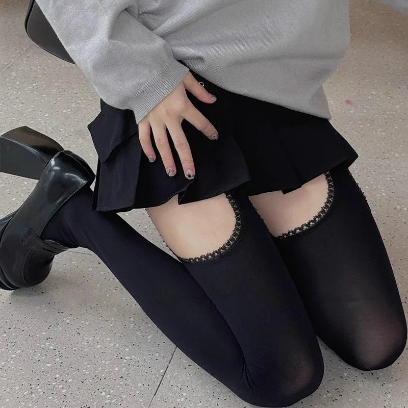 Women White Sexy Stockings with Belt Suspender Wide-banded Tights Lolita Thigh High Stockings with Garters Over The Knee Socks