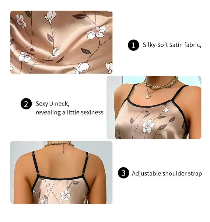 Silky satin fabric with floral design, U-neck design, and adjustable shoulder strap on a neutral background.