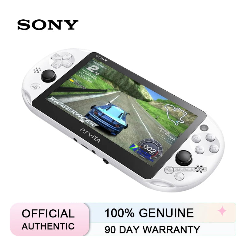 White Sony PlayStation Vita handheld gaming console shown at an angle on a white background, with the SONY logo above and promotional text at the bottom reading OFFICIAL AUTHENTIC, 100% GENUINE, and 90 DAY WARRANTY.