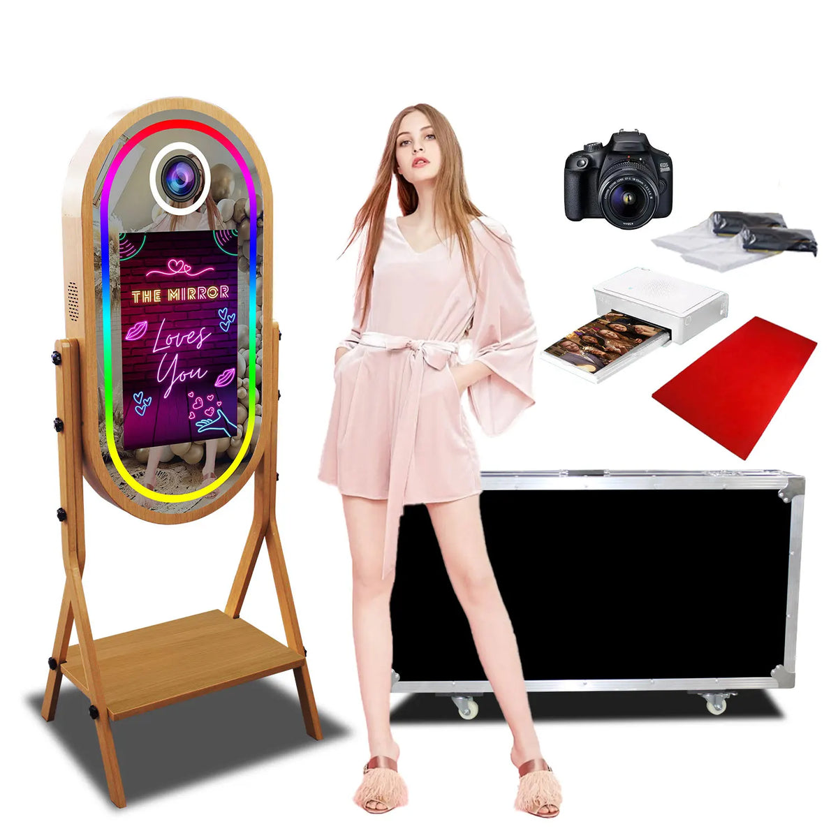 Magic Mirror Photobooth with Imitate Wood Grain Selfie, 21.5 Inch Touch Screen, Selfie DSLR Photo Booth Machine for Sharing