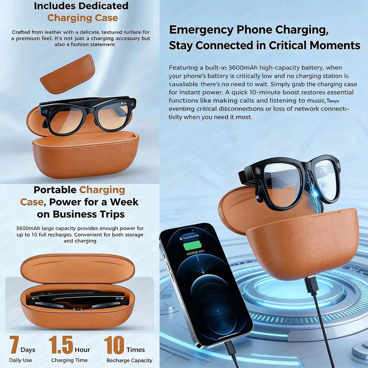 Brown leather charging case with glasses compartment and phone charging feature on a blue gradient background.