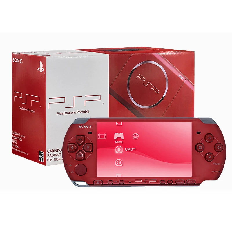 Red Sony PSP gaming console with packaging on a white background