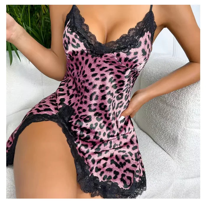 Vexaroa Leopard Lace Trim Nightdress V-Neck Side Split