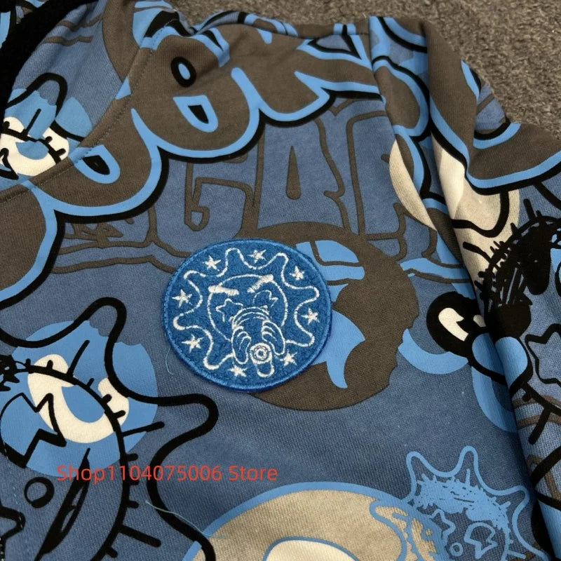 Mens Glo Gang Zip Hoodie Streetwear Cartoon Graffiti Design Soft Cotton Casual Fashion Sweatshirt