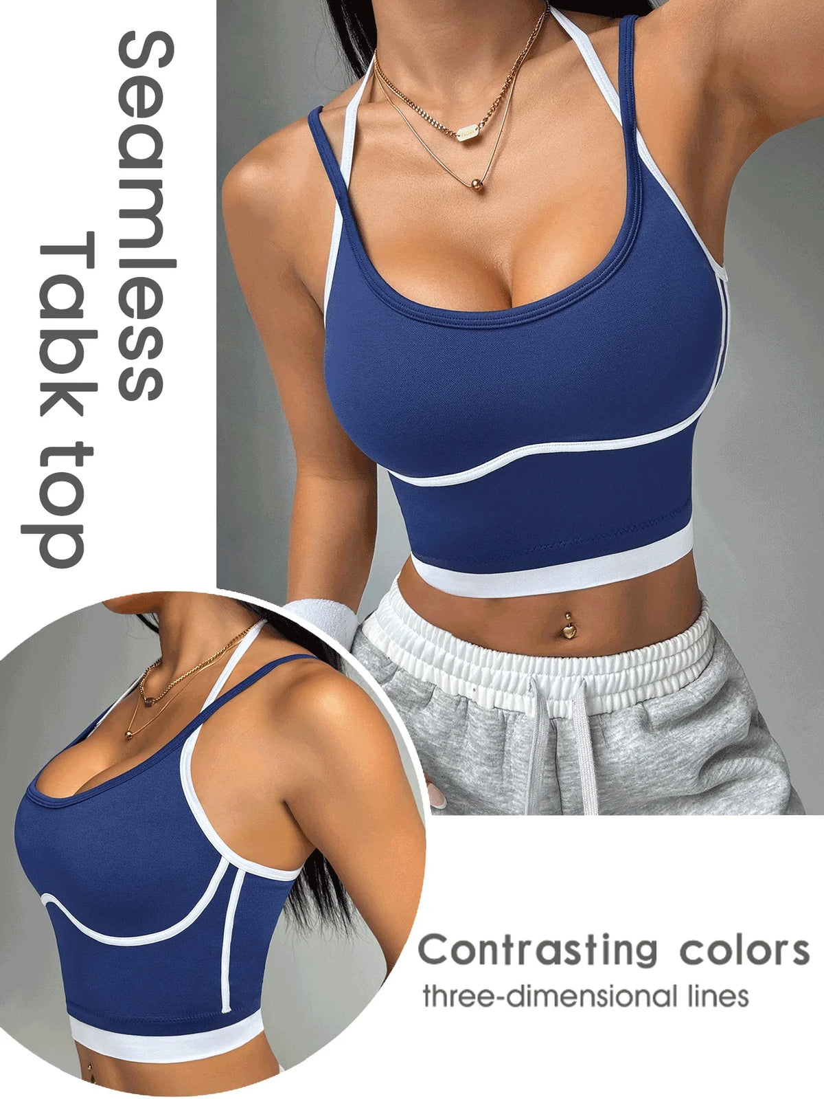 Woman wearing a blue sports bra with white accents, with text describing the product.