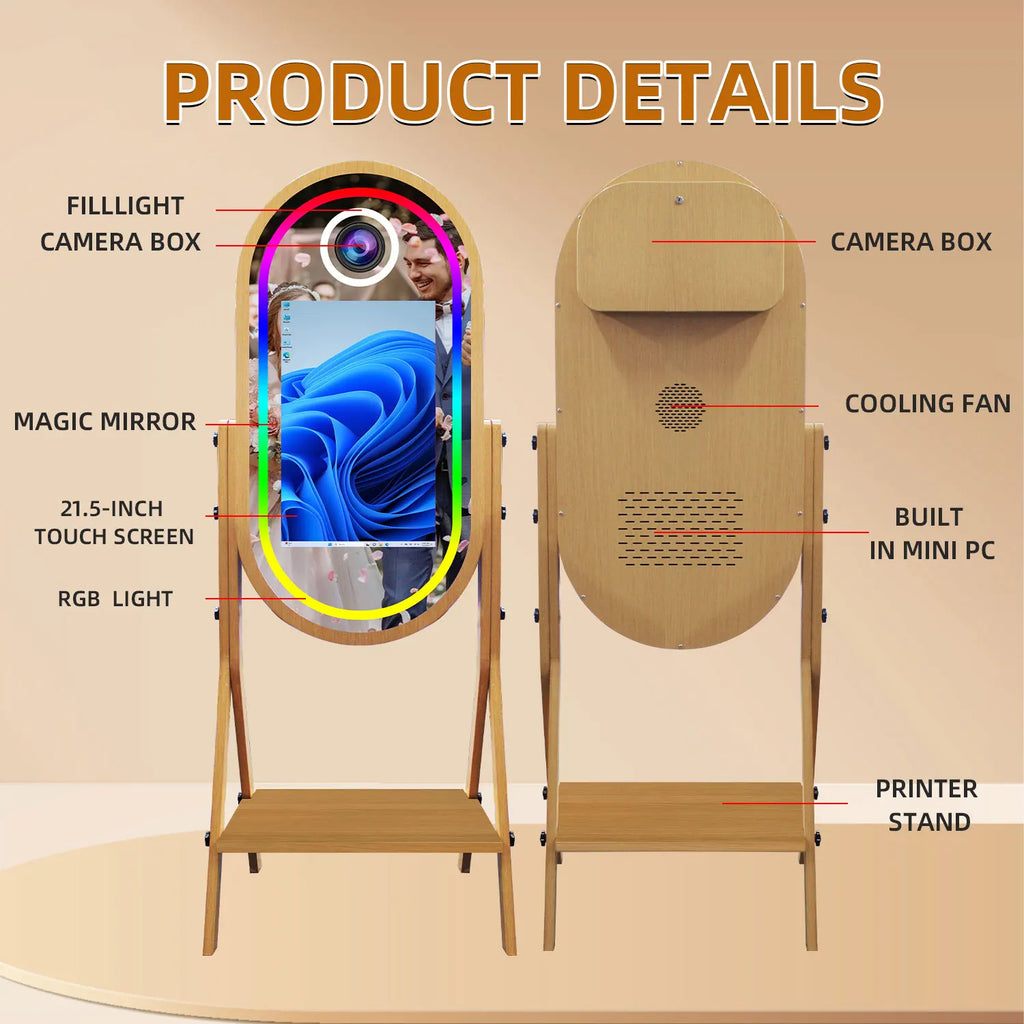 Magic Mirror Photobooth with Imitate Wood Grain Selfie, 21.5 Inch Touch Screen, Selfie DSLR Photo Booth Machine for Sharing