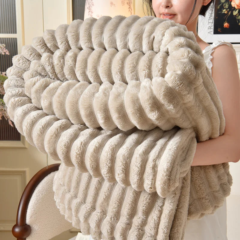 Wide Stripe Imitation Rabbit Plush Blanket Autumn Winter Warm Double Bed Blankets Fluffy Soft Tie-Dye Flannel Sofa Throw Blanket