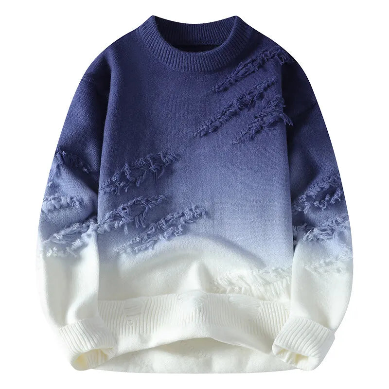 Blue and white sweater with distressed design on a white background