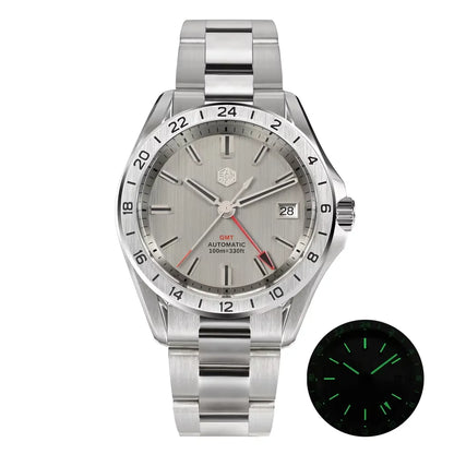 Silver watch with detailed face and additional green-lit face on a white background