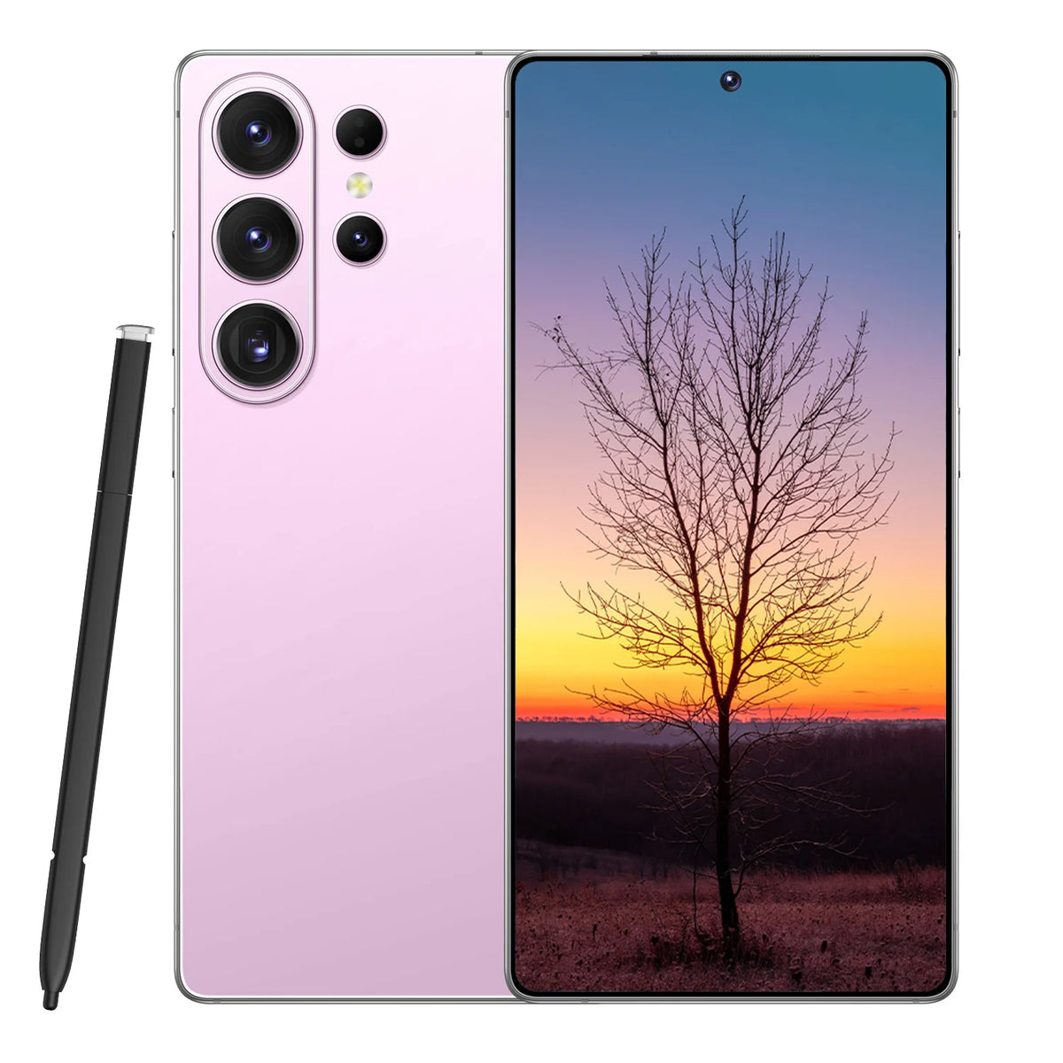 A pink Samsung Galaxy S24 Ultra smartphone shown from the back and front, with a black stylus pen beside it on a white background.