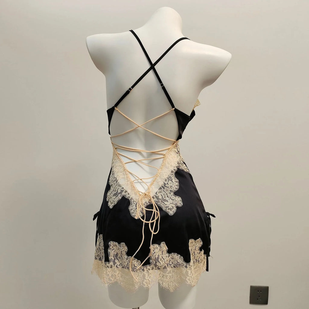 Vexaroa Ice Silk Lace Nightgown – Backless Suspender Pajamas