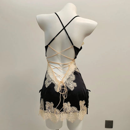 Vexaroa Ice Silk Lace Nightgown – Backless Suspender Pajamas