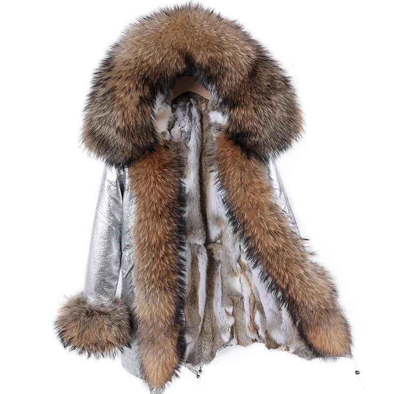 Real Raccoon Fox Fur Collar Parka Women's Coat | Vexaroa