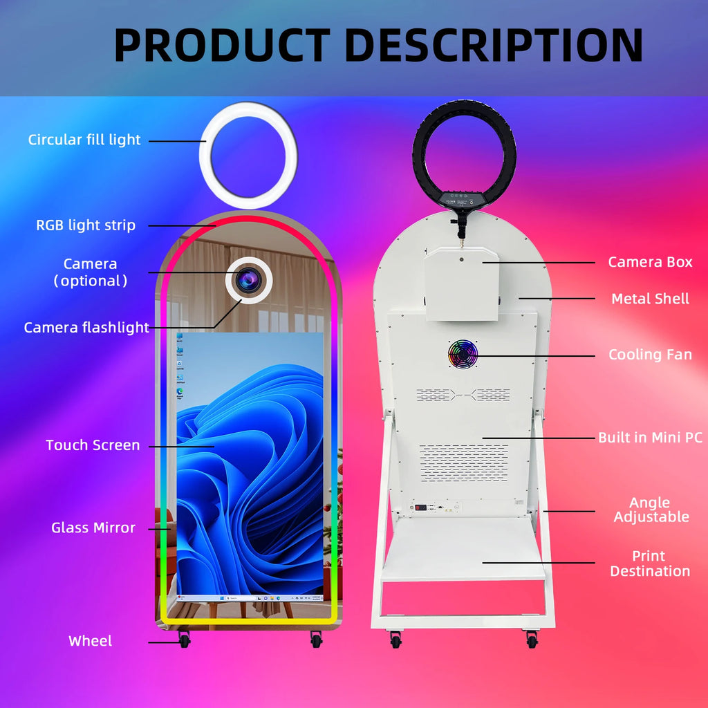 65"Magic Mirror Photo Booth with 43inch Touch Screen and Fill Light Perfect for Event Parties and Wedding Rentals.