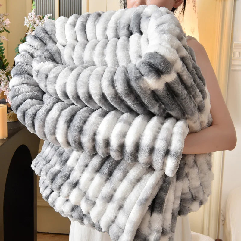 Wide Stripe Imitation Rabbit Plush Blanket Autumn Winter Warm Double Bed Blankets Fluffy Soft Tie-Dye Flannel Sofa Throw Blanket