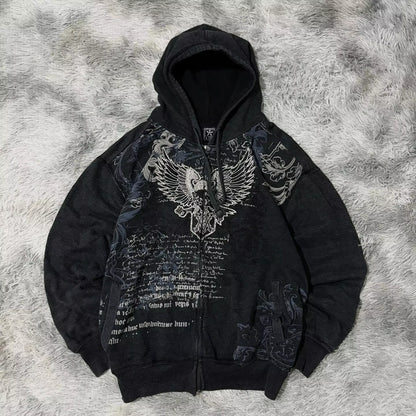 Vintage Popular Dark Rock Hip Hop Print Sports Sweater Women Y2K Streetwear Casual Joker Plus Velvet Padded Fur Collar Hoodies