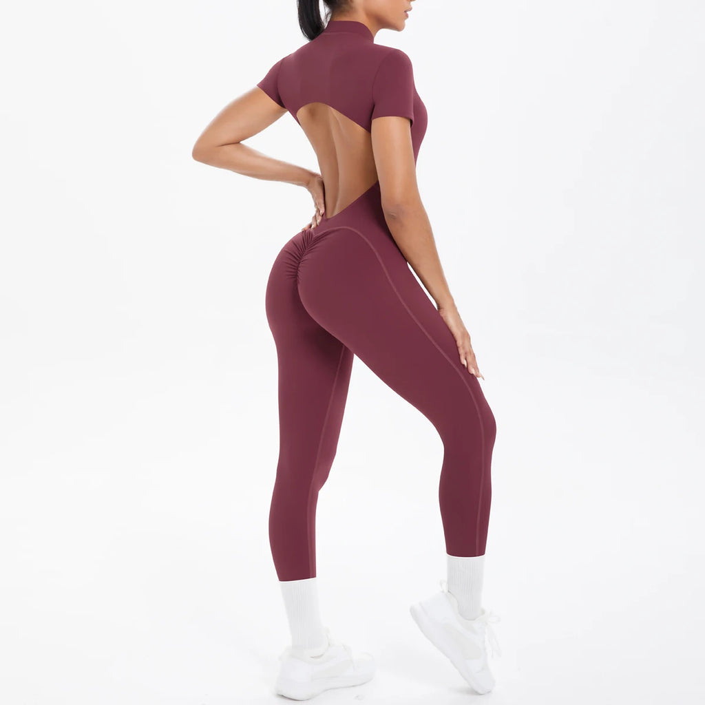 Vexaroa Backless Scrunch Bodysuit Half Zipper Gym Yoga Jumpsuit