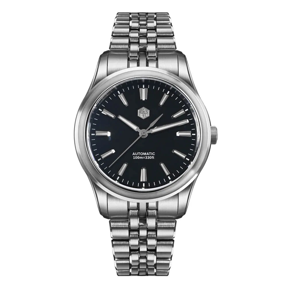 Silver watch with black dial on a white background