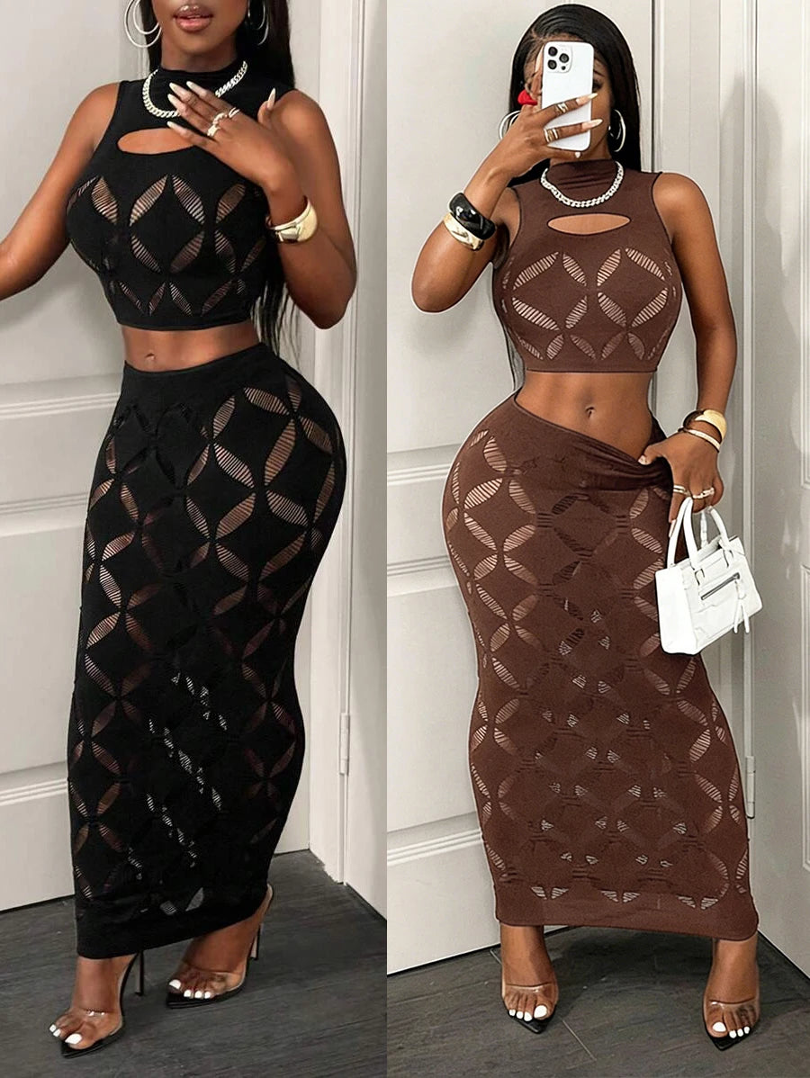 Vexaroa Plus Size Mesh Crop Tank & Bodycon Mini Skirt Set 2PC — product image