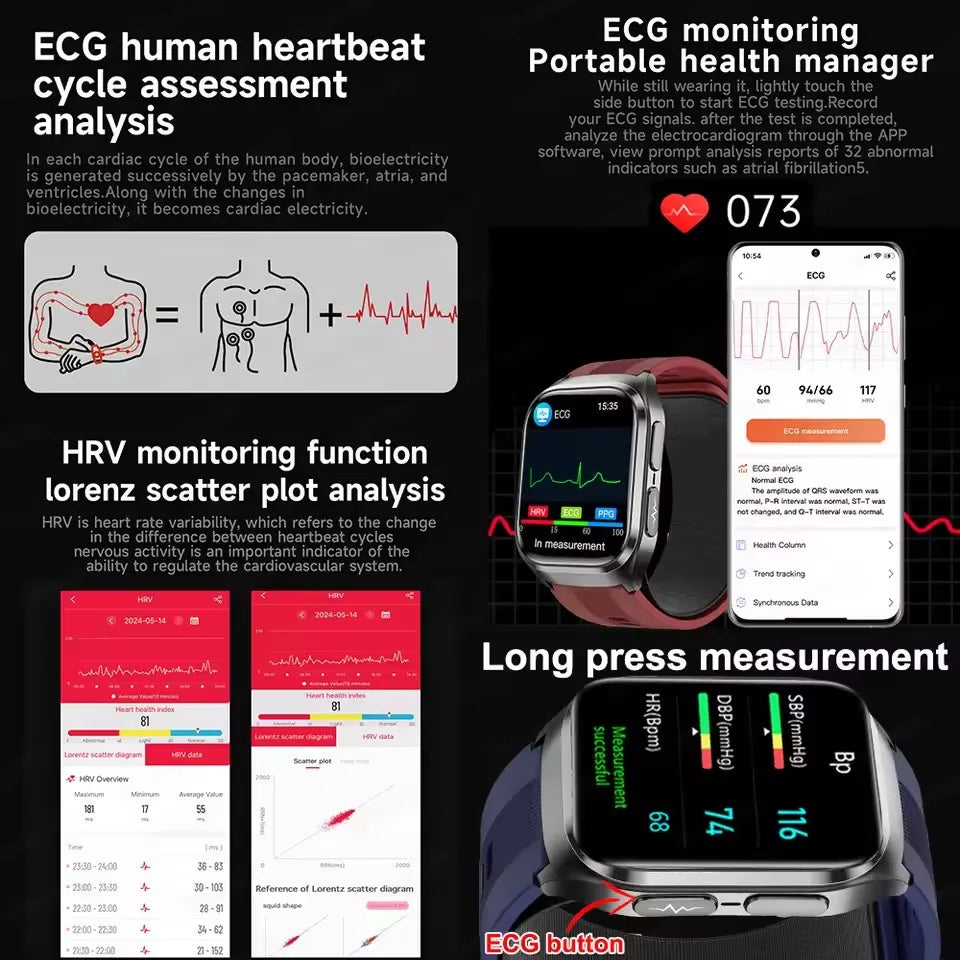 Smartwatch with ECG monitoring features and app interface on a black background
