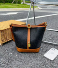 Luxury Genuine Leather Bucket Bag | Crossbody Shoulder Purse | Black & Beige | Vexaroa
