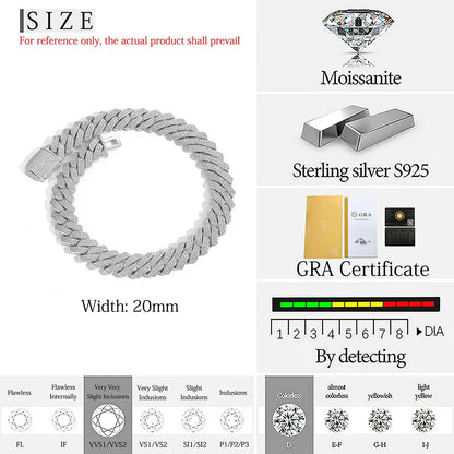 Silver chain necklace with moissanite stones, diamond grading scale, and GRA certificate on a white background.