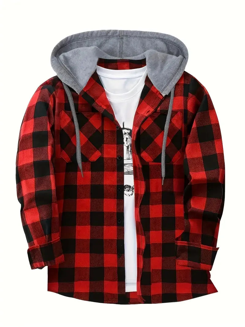 Vexaroa Men's Plaid Flannel Hooded Shirt – Casual Streetwear Top