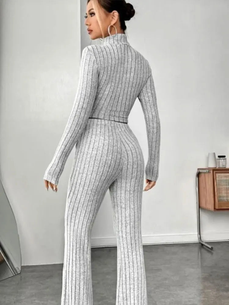 Vexaroa Stand Collar Crop Top & Trumpet Pants 2-Piece Set