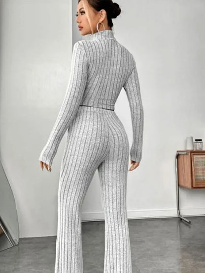 Vexaroa Stand Collar Crop Top & Trumpet Pants 2-Piece Set