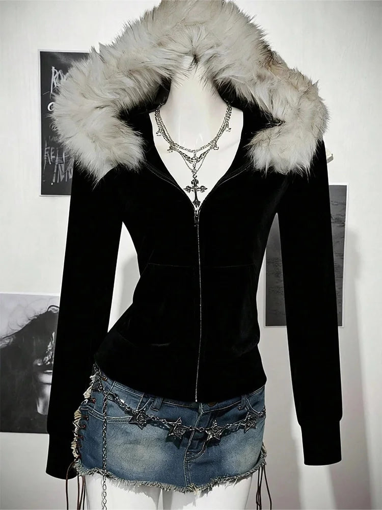 Vexaroa Women's Gothic Zip Hoodie with Fur-Trim Collar
