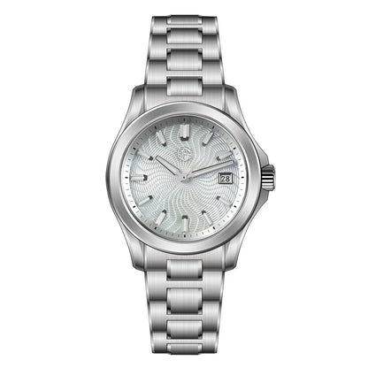A silver stainless steel wristwatch with a textured white dial, featuring a date window at 3 o'clock and a matching metal link bracelet, shown against a plain white background.