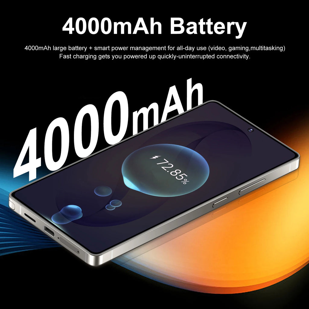 A smartphone shown at an angle on a black background with large white text reading '4000mAh Battery' and smaller descriptive copy about large battery capacity and smart power management. The phone screen displays a battery percentage graphic.